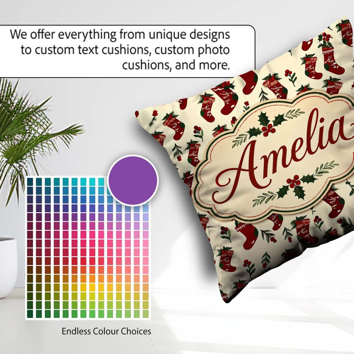 Custom Name Christmas Stockings Berries Seamless Pattern Festive Square Filled Cushion Throw Pillow Sofa Bed Home Decor Zip Washable UK Made
