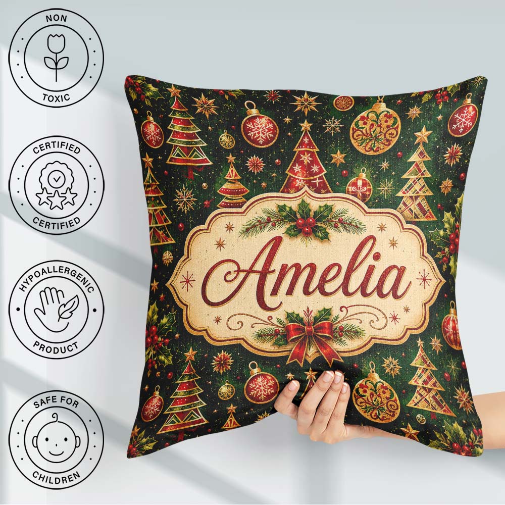 Custom Name Trees Baubles Stars Seamless Pattern Festive Holiday Square Filled Cushion Throw Pillow Sofa Bed Home Decor Zip Washable UK Made