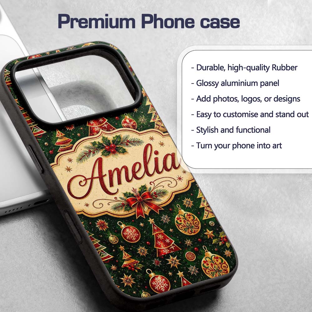 Christmas Trees Baubles Stars Seamless Pattern Custom Name Protective Phone Case Mobile Cover Durable Everyday Smartphone Shock Resistant
