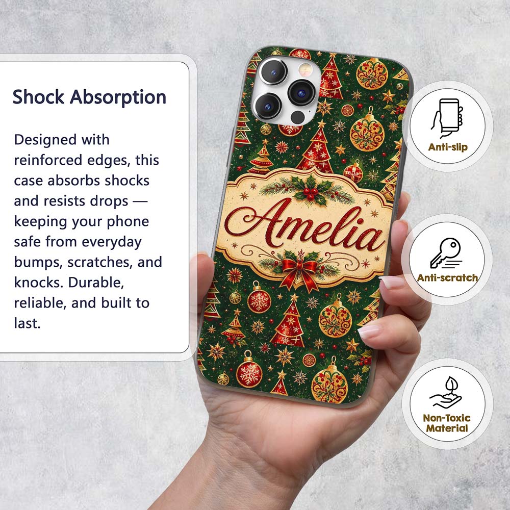 Christmas Trees Baubles Stars Seamless Pattern Custom Name Protective Phone Case Mobile Cover Durable Everyday Smartphone Shock Resistant