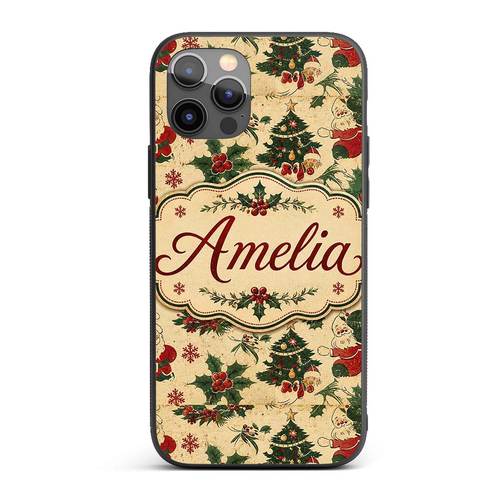 Cute Santa Claus Christmas Trees Holly Seamless Custom Name Protective Phone Case Mobile Cover Durable Everyday Smartphone Shock Resistant