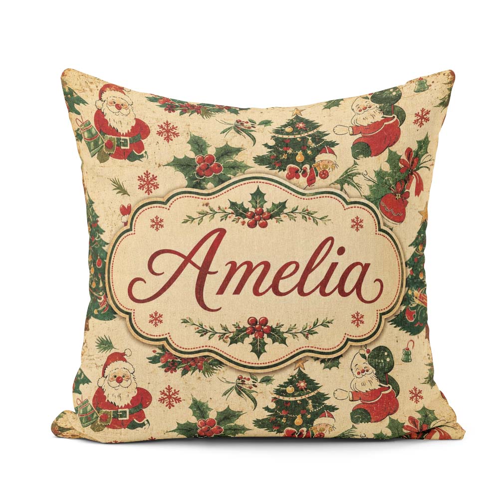 Custom Name Santa Claus Christmas Trees Seamless Pattern Festive Square Filled Cushion Throw Pillow Sofa Bed Home Decor Zip Washable UK Made