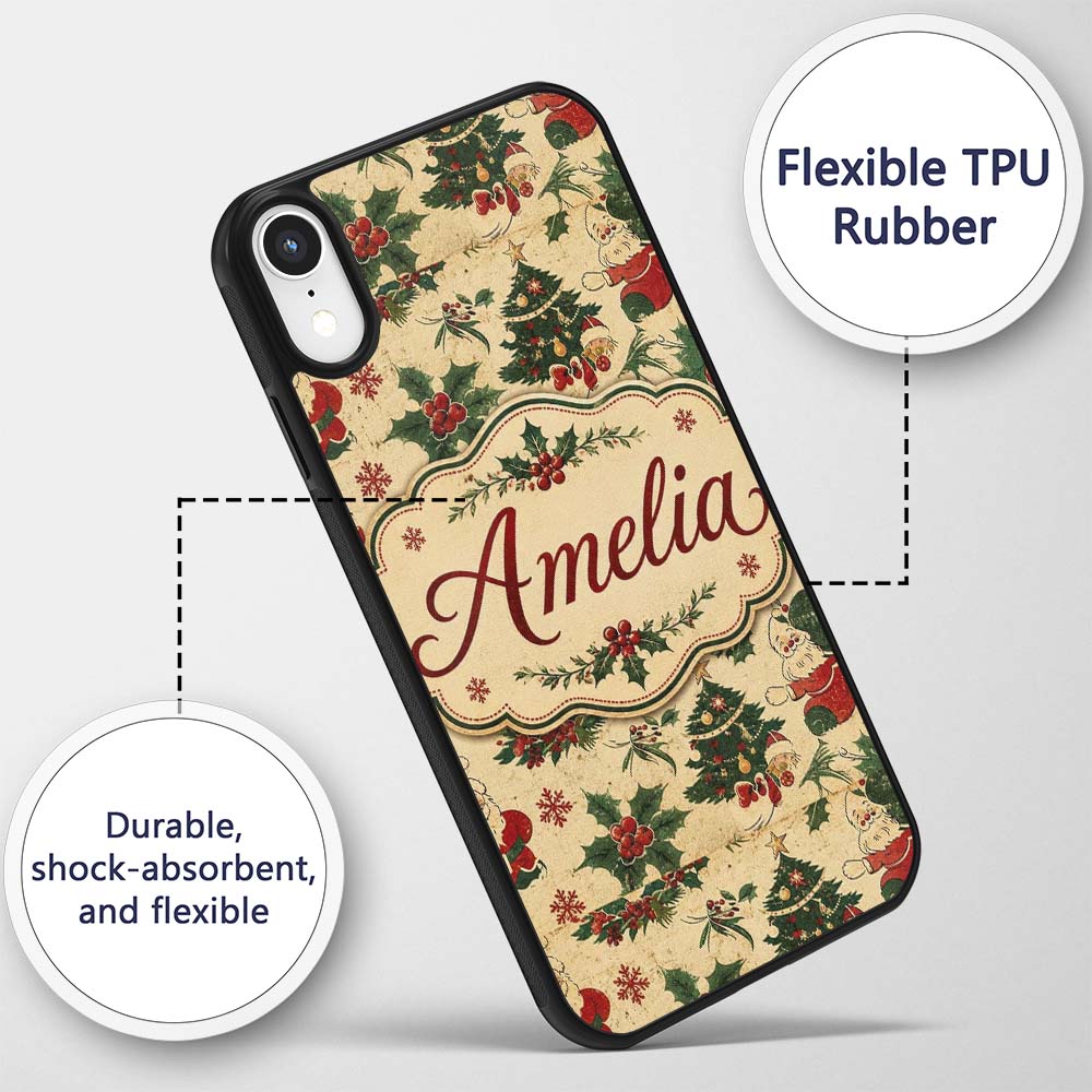 Cute Santa Claus Christmas Trees Holly Seamless Custom Name Protective Phone Case Mobile Cover Durable Everyday Smartphone Shock Resistant