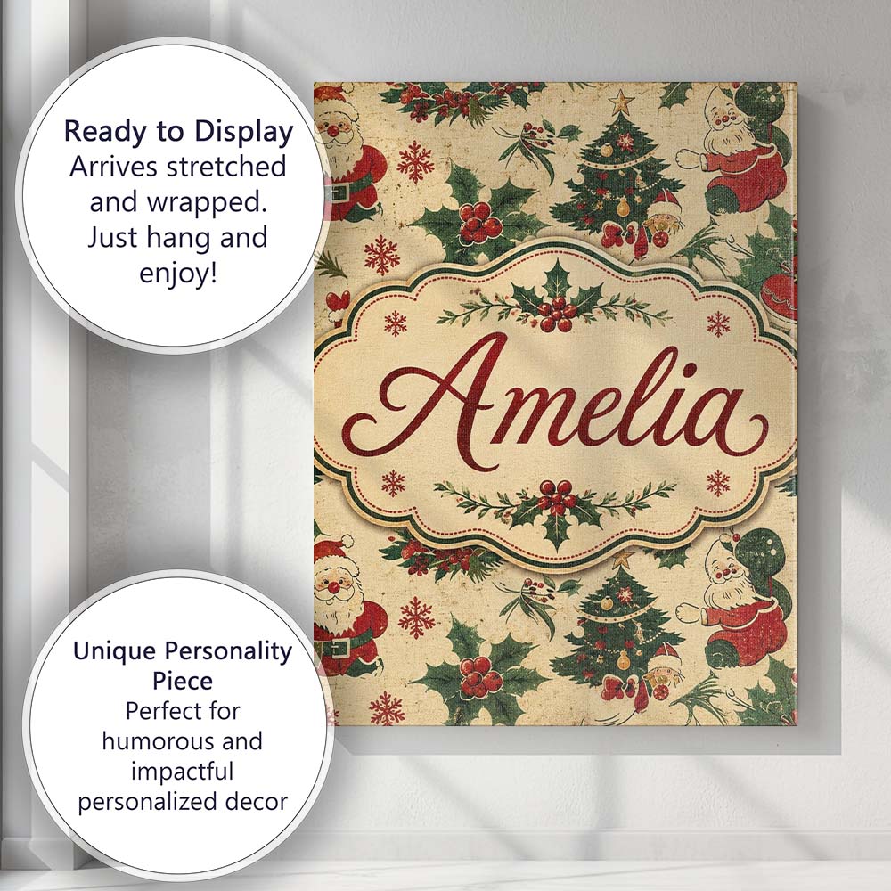 Personalised Name Cute Santa Claus Christmas Custom Bespoke Contemporary Display Canvas Wall Art Print Decor Picture Ready to Hang
