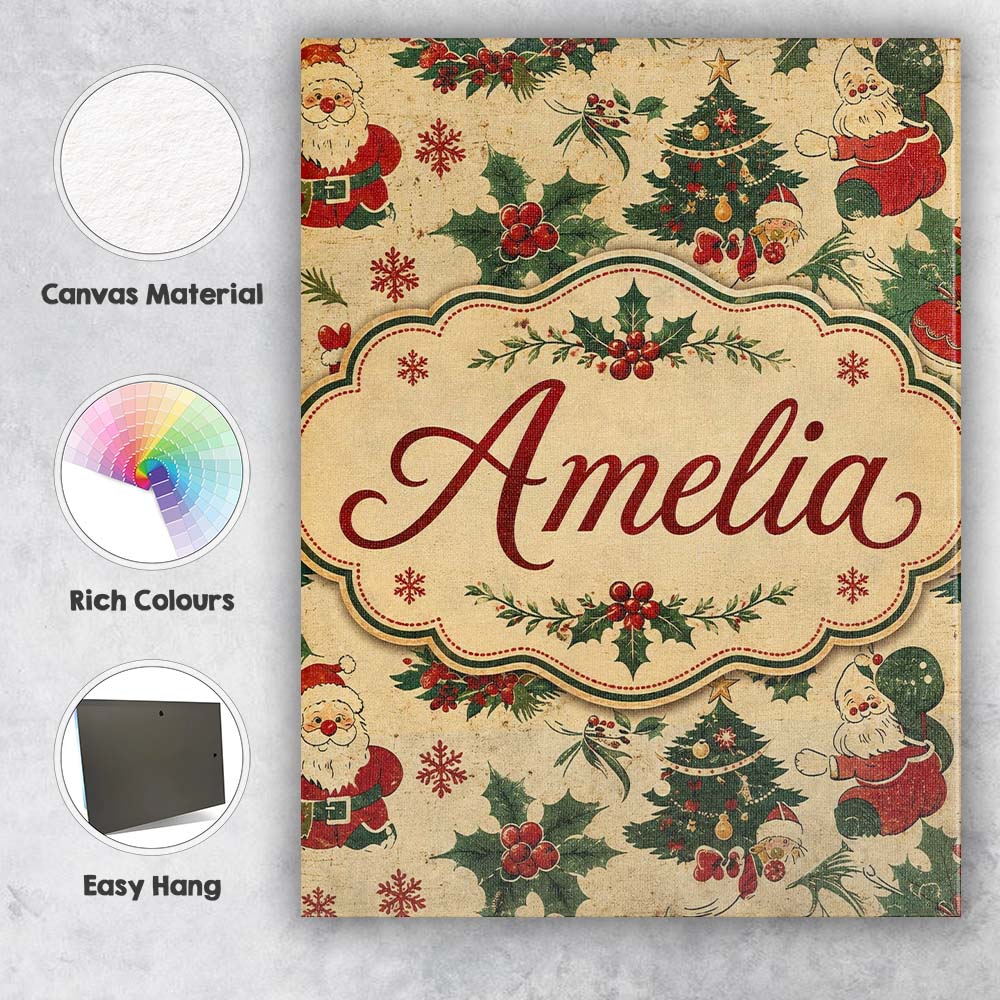 Personalised Name Cute Santa Claus Christmas Custom Bespoke Contemporary Display Canvas Wall Art Print Decor Picture Ready to Hang