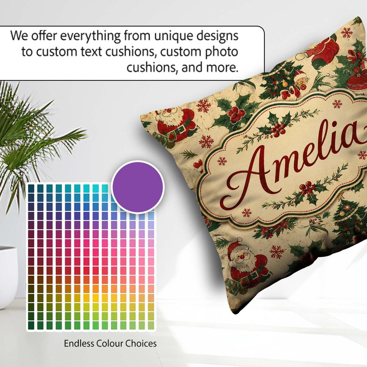 Custom Name Santa Claus Christmas Trees Seamless Pattern Festive Square Filled Cushion Throw Pillow Sofa Bed Home Decor Zip Washable UK Made