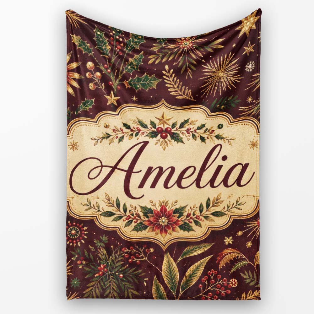 Elegant Christmas Botanical Pine Leaves Gold Accents Seamless Lovely Personalised Custom Name Super Soft Fleece Blanket Bed Sofa Throw