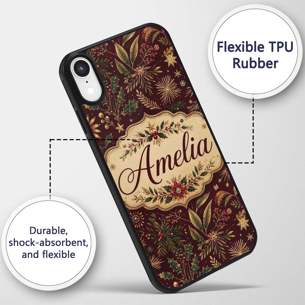 Elegant Christmas Botanical Pine Leaves Gold Custom Name Protective Phone Case Mobile Cover Durable Everyday Smartphone Shock Resistant