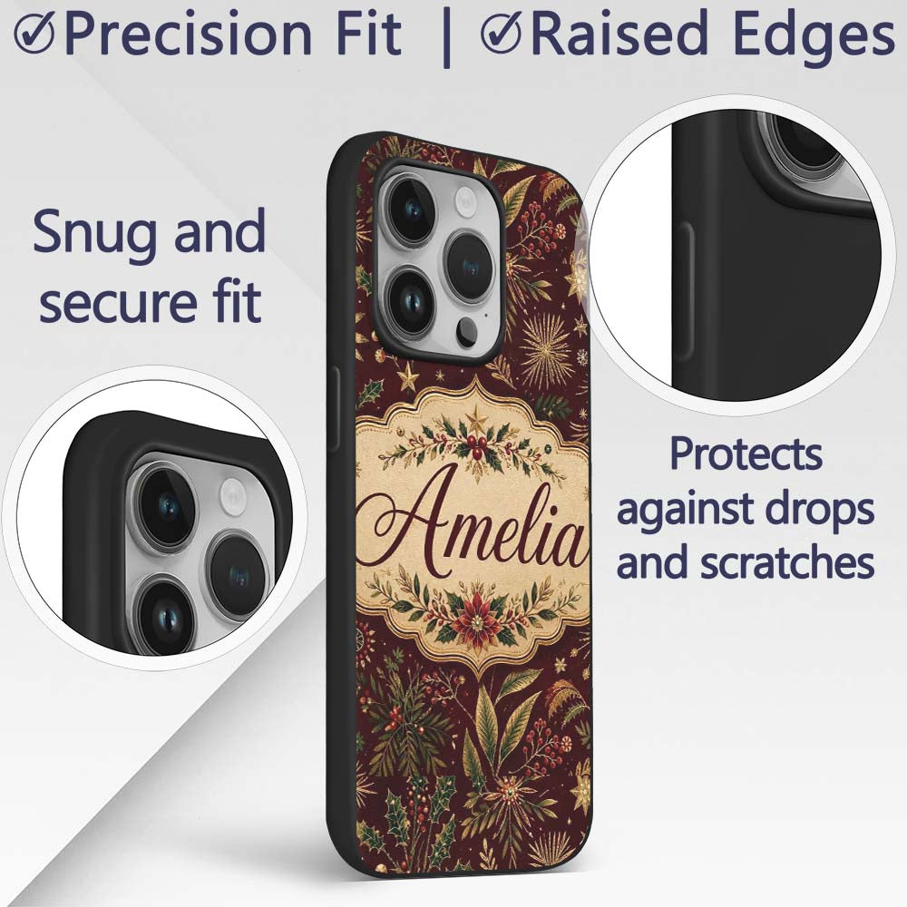 Elegant Christmas Botanical Pine Leaves Gold Custom Name Protective Phone Case Mobile Cover Durable Everyday Smartphone Shock Resistant