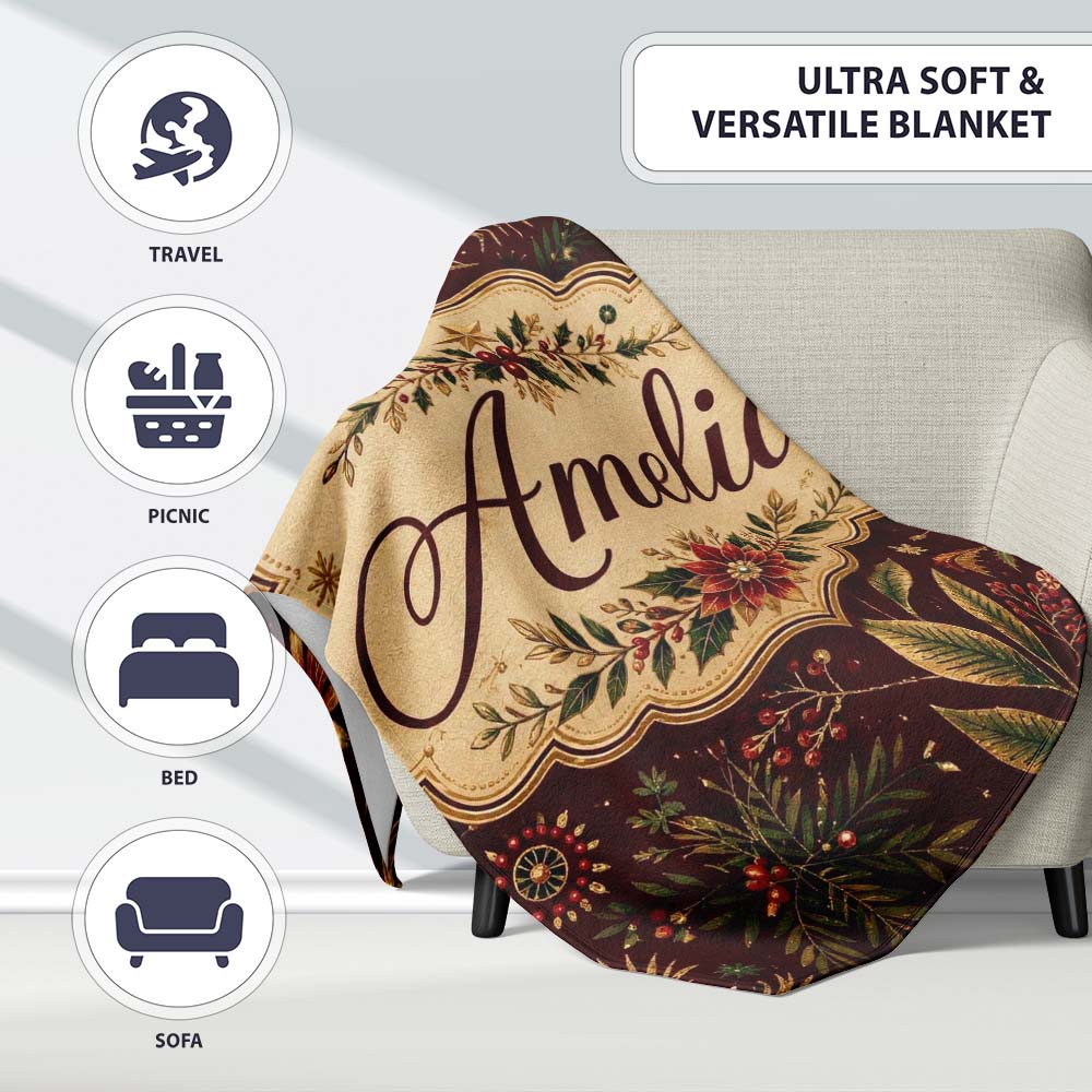 Elegant Christmas Botanical Pine Leaves Gold Accents Seamless Lovely Personalised Custom Name Super Soft Fleece Blanket Bed Sofa Throw