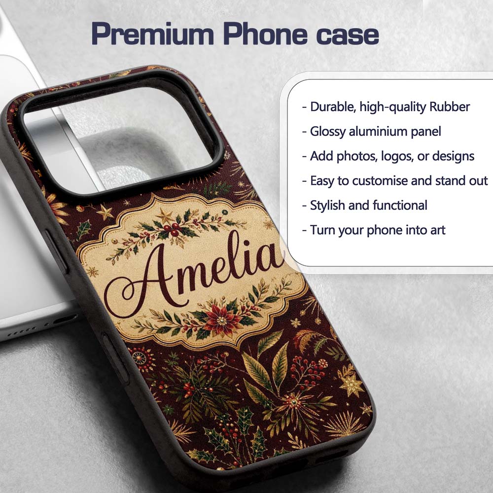 Elegant Christmas Botanical Pine Leaves Gold Custom Name Protective Phone Case Mobile Cover Durable Everyday Smartphone Shock Resistant