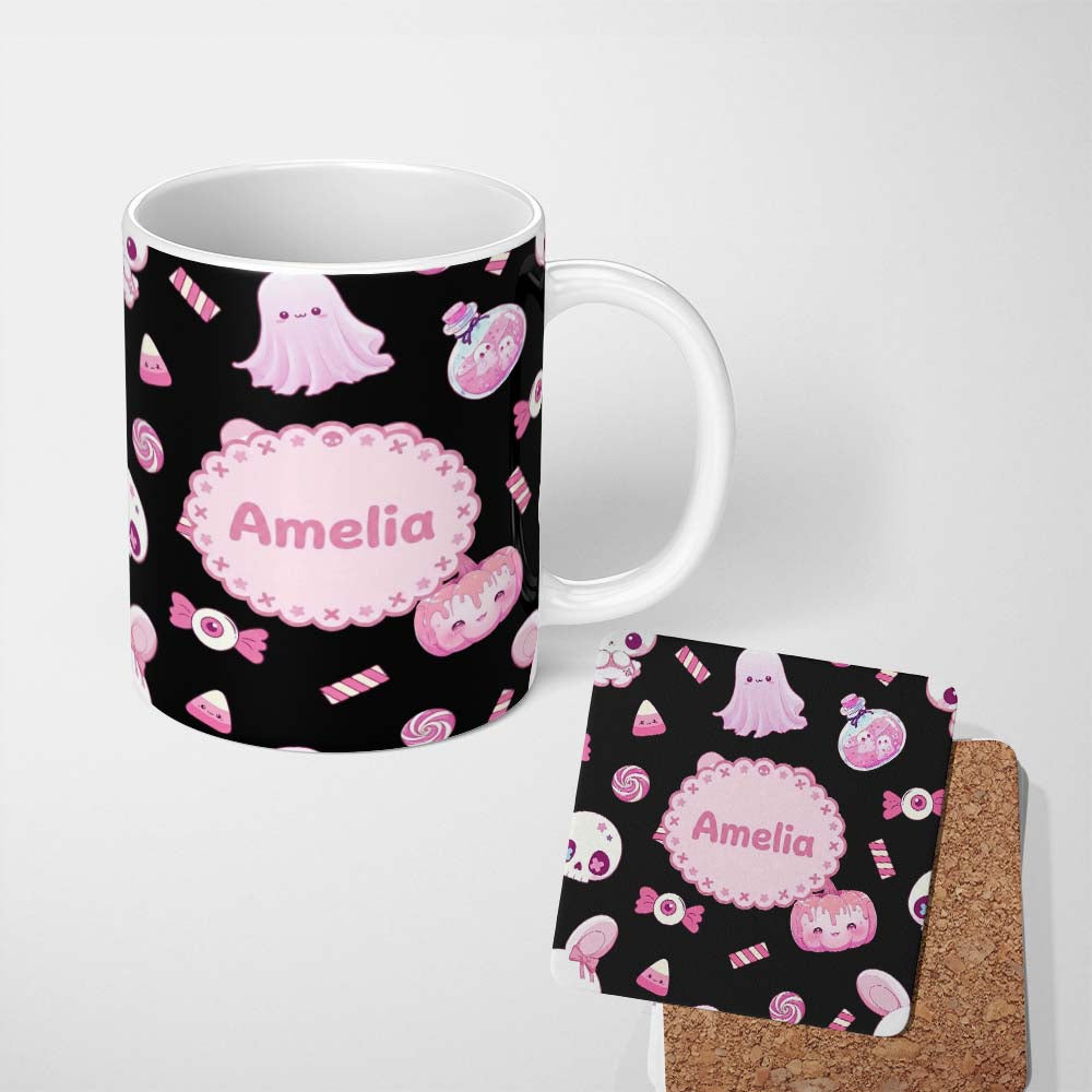 Personalized Custom Name Cute Pastel Goth Bunny Ghost Pumpkin Candy Pattern Soft Grey Lovely 11oz Ceramic Coffee Tea Mug White Large Handle