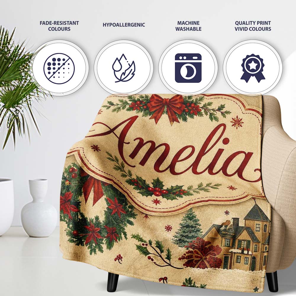 Classic Christmas Wreaths Bows Village Houses Festive Holiday Design Personalised Custom Name Super Soft Fleece Blanket Bed Sofa Throw
