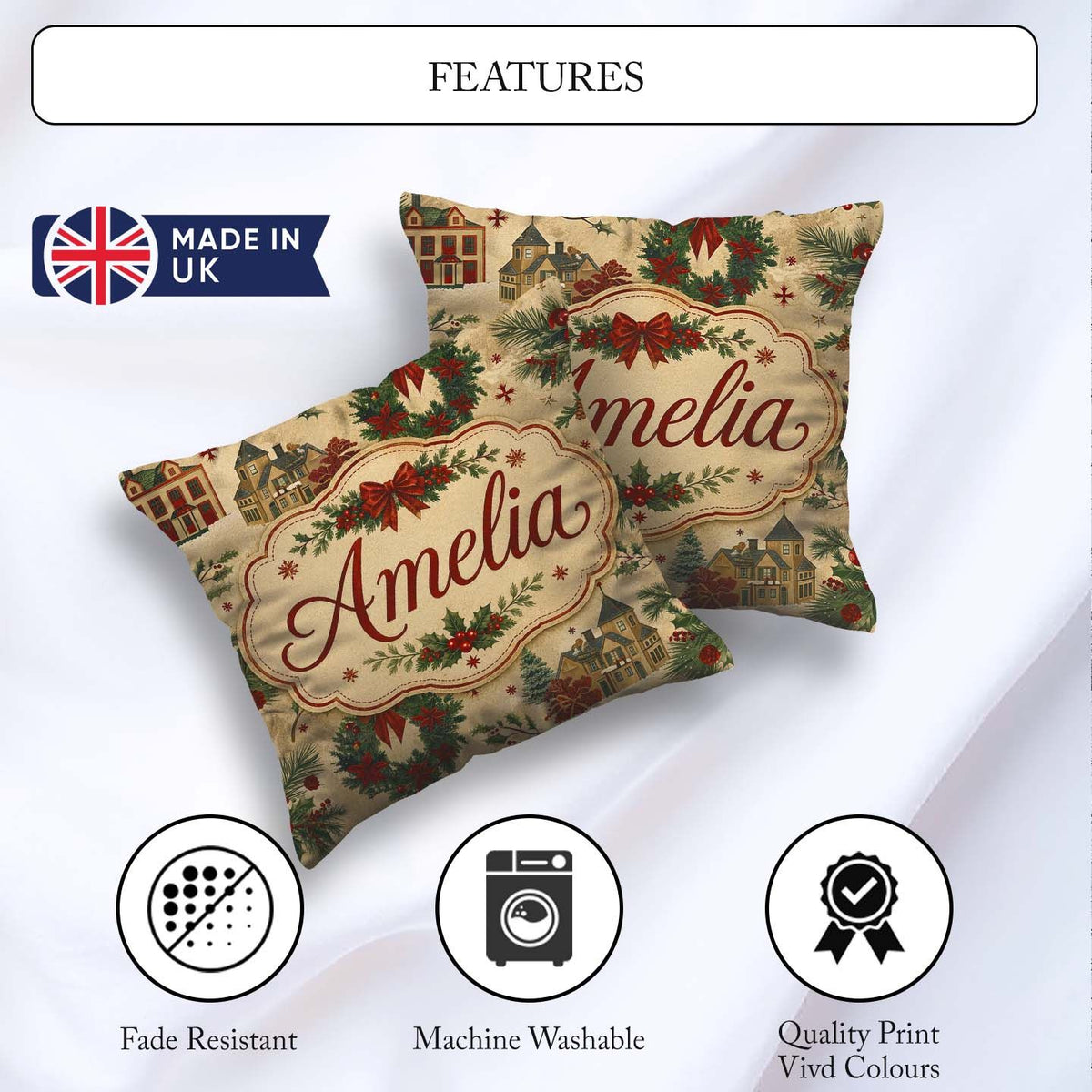 Custom Name Classic Christmas Wreaths Bows Village Houses Design Square Filled Cushion Throw Pillow Sofa Bed Home Decor Zip Washable UK Made