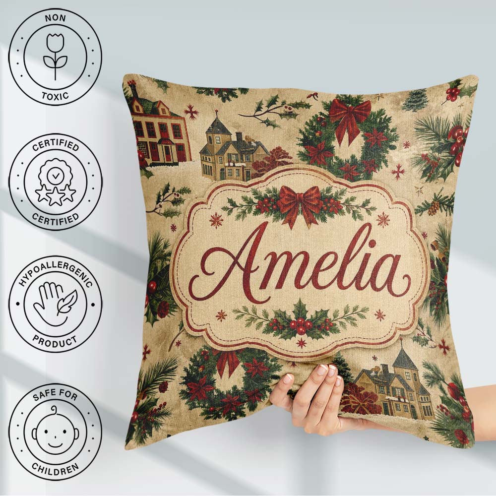 Custom Name Classic Christmas Wreaths Bows Village Houses Design Square Filled Cushion Throw Pillow Sofa Bed Home Decor Zip Washable UK Made