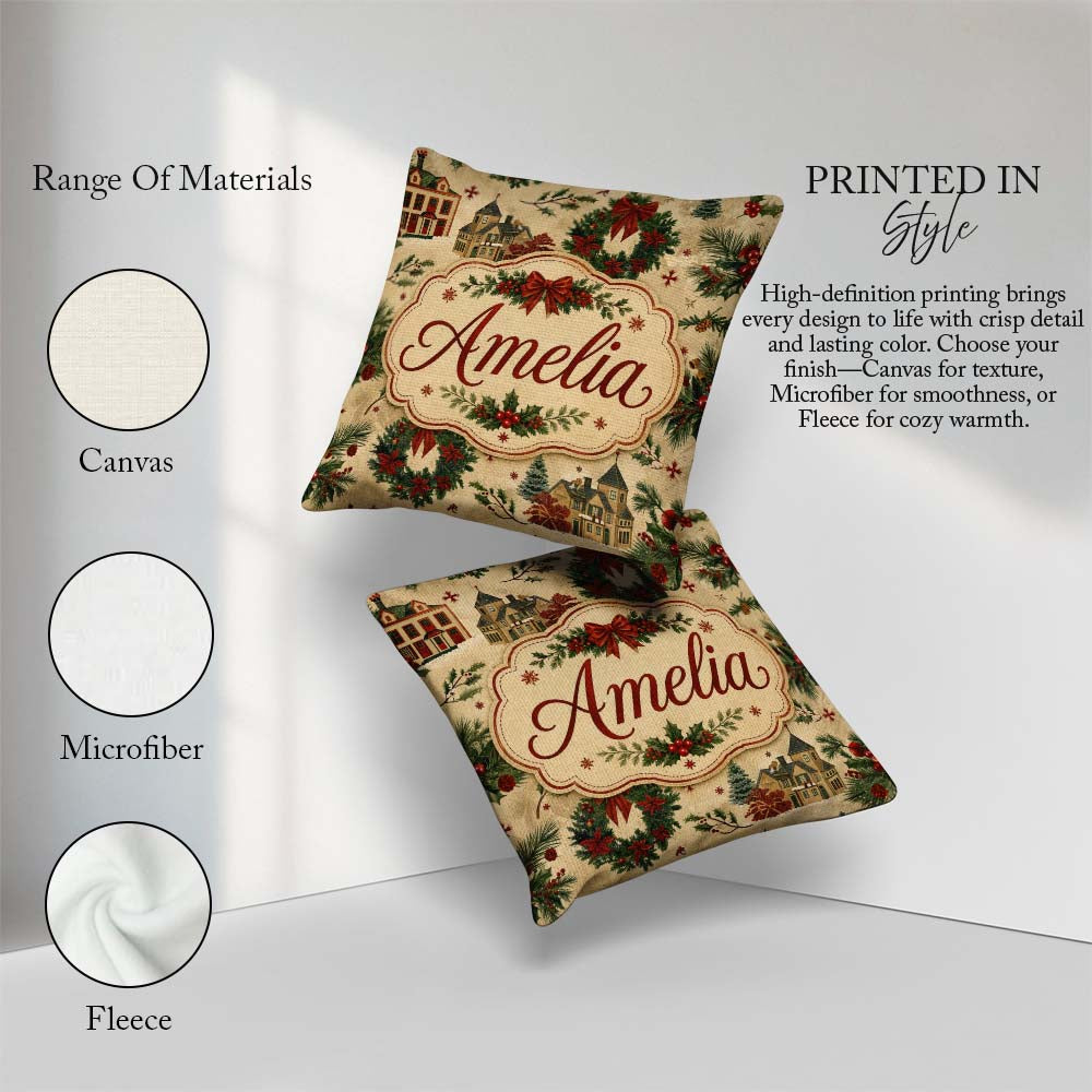 Custom Name Classic Christmas Wreaths Bows Village Houses Design Square Filled Cushion Throw Pillow Sofa Bed Home Decor Zip Washable UK Made