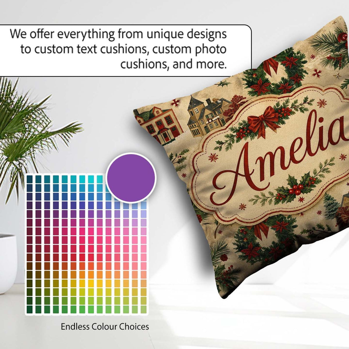 Custom Name Classic Christmas Wreaths Bows Village Houses Design Square Filled Cushion Throw Pillow Sofa Bed Home Decor Zip Washable UK Made