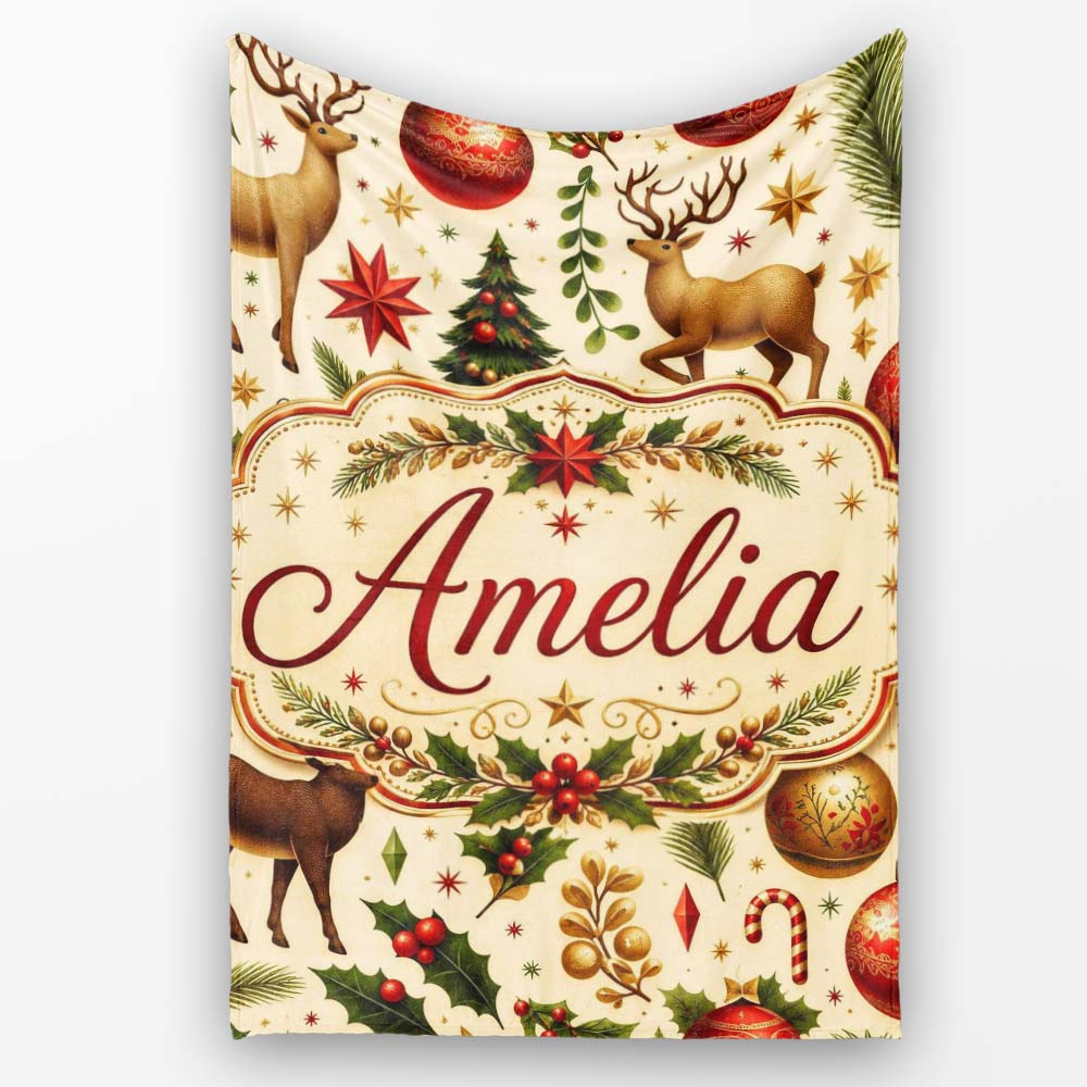 Festive Reindeer Christmas Trees Stars Baubles Seamless Pattern Personalised Custom Name Super Soft Fleece Blanket Bed Sofa Throw
