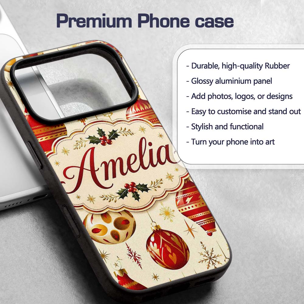 Elegant Red Gold Christmas Baubles Snowflakes Custom Name Protective Phone Case Mobile Cover Durable Everyday Smartphone Shock Resistant