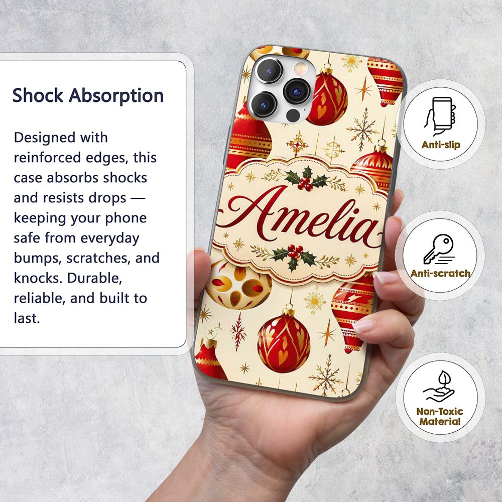 Elegant Red Gold Christmas Baubles Snowflakes Custom Name Protective Phone Case Mobile Cover Durable Everyday Smartphone Shock Resistant