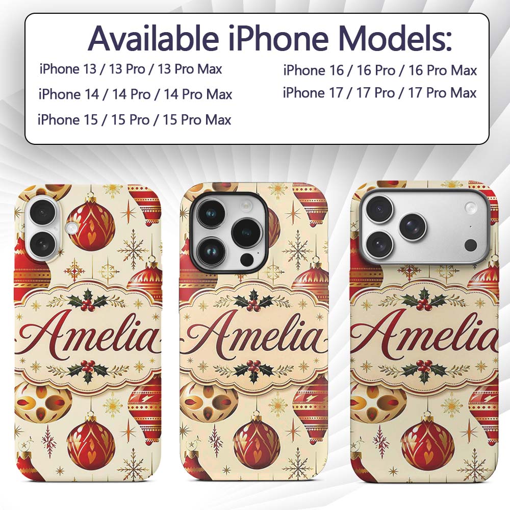 Elegant Red Gold Christmas Baubles Snowflakes Custom Name Protective Phone Case Mobile Cover Durable Everyday Smartphone Shock Resistant