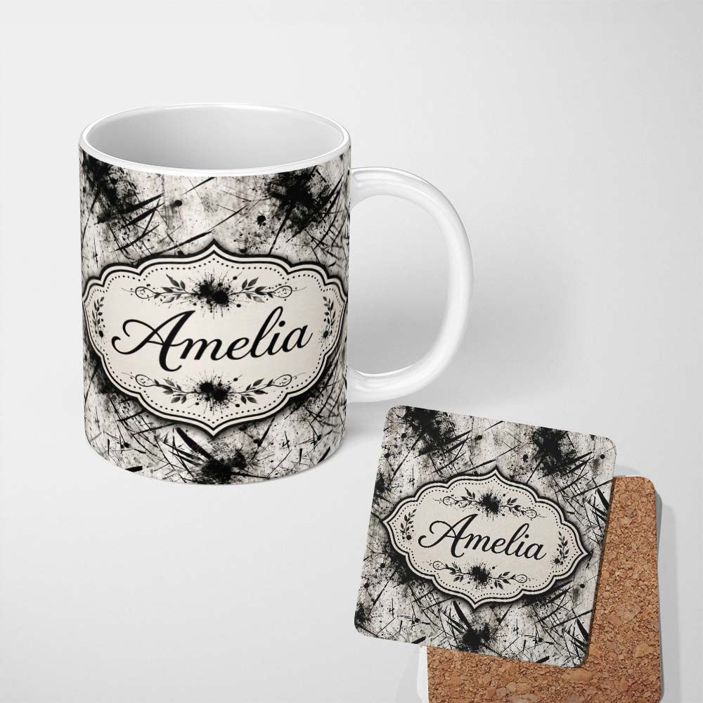 Personalized Custom Name Grunge Black Ink Splatter on Concrete Seamless Pattern Lovely 11oz Ceramic Coffee Tea Mug White Large Handle