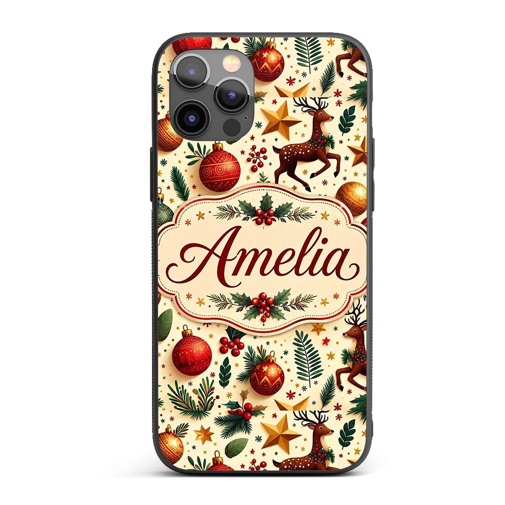 Festive Reindeer Stars Baubles Holly Seamless Custom Name Protective Phone Case Mobile Cover Durable Everyday Smartphone Shock Resistant