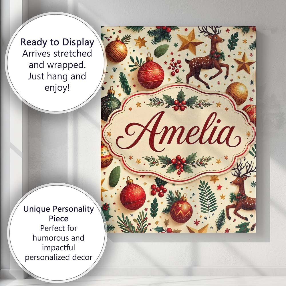 Personalised Name Festive Reindeer Stars Custom Unique Gift Idea Elegant Feature Canvas Wall Art Print Decor Picture Ready to Hang