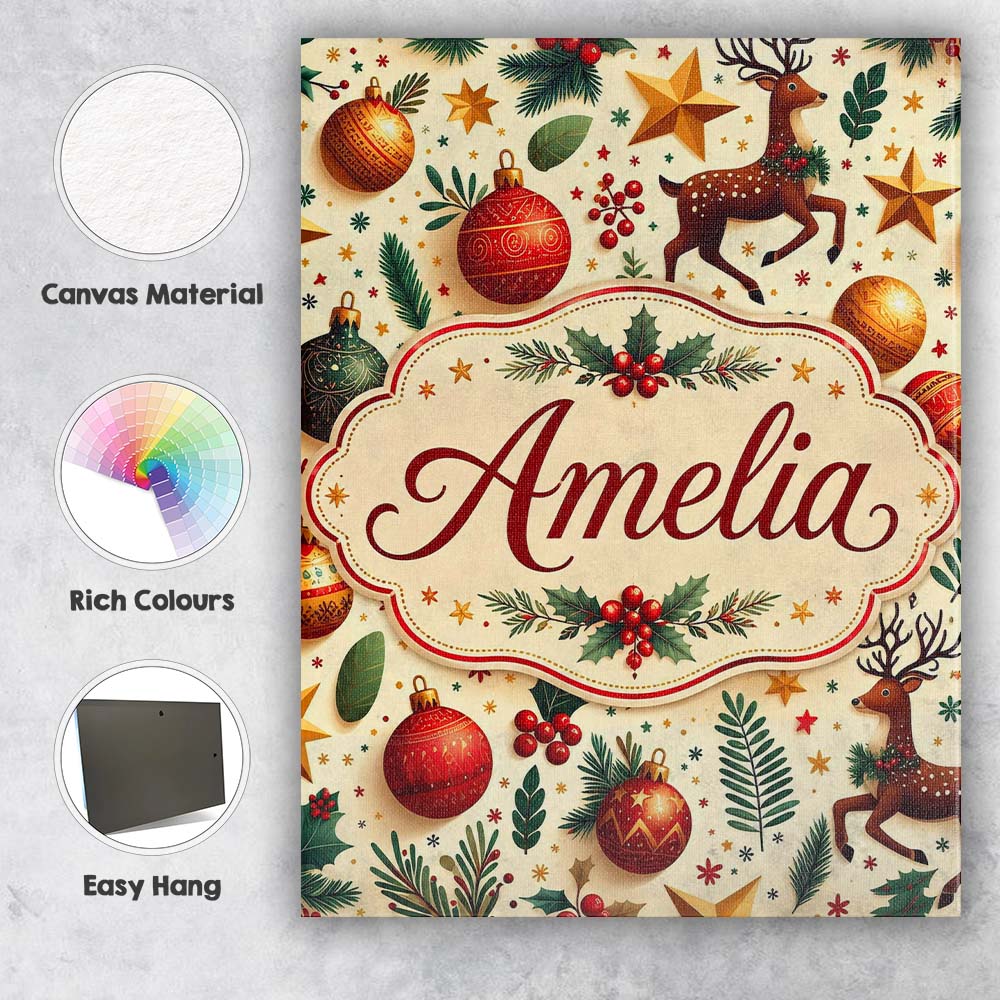 Personalised Name Festive Reindeer Stars Custom Unique Gift Idea Elegant Feature Canvas Wall Art Print Decor Picture Ready to Hang