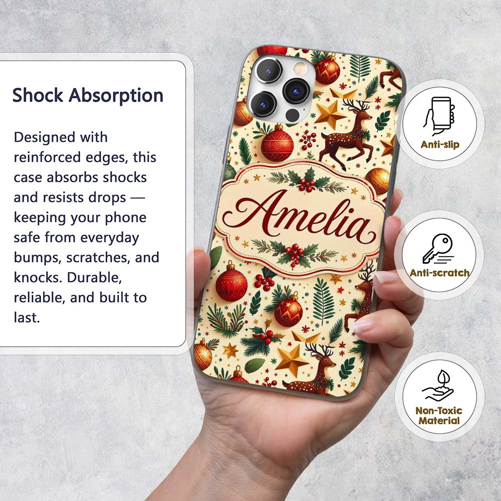 Festive Reindeer Stars Baubles Holly Seamless Custom Name Protective Phone Case Mobile Cover Durable Everyday Smartphone Shock Resistant