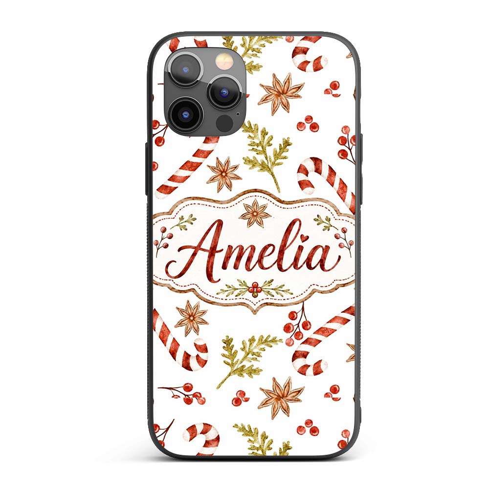 Watercolor Christmas Candy Canes Gift Box Festive Custom Name Protective Phone Case Mobile Cover Durable Everyday Smartphone Shock Resistant