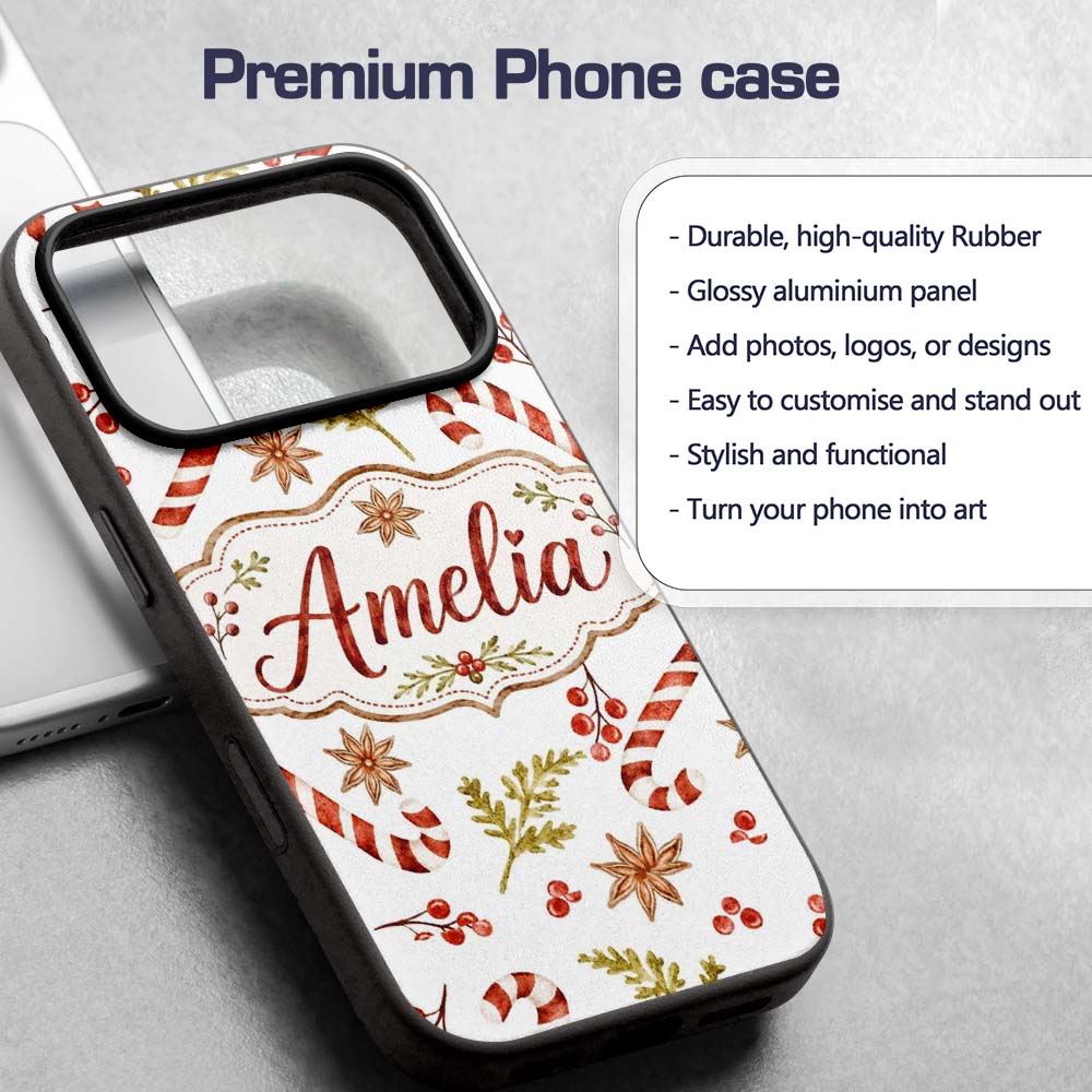 Watercolor Christmas Candy Canes Gift Box Festive Custom Name Protective Phone Case Mobile Cover Durable Everyday Smartphone Shock Resistant
