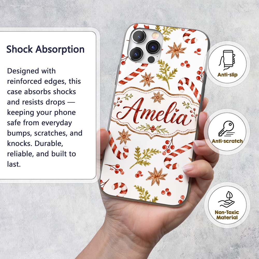 Watercolor Christmas Candy Canes Gift Box Festive Custom Name Protective Phone Case Mobile Cover Durable Everyday Smartphone Shock Resistant