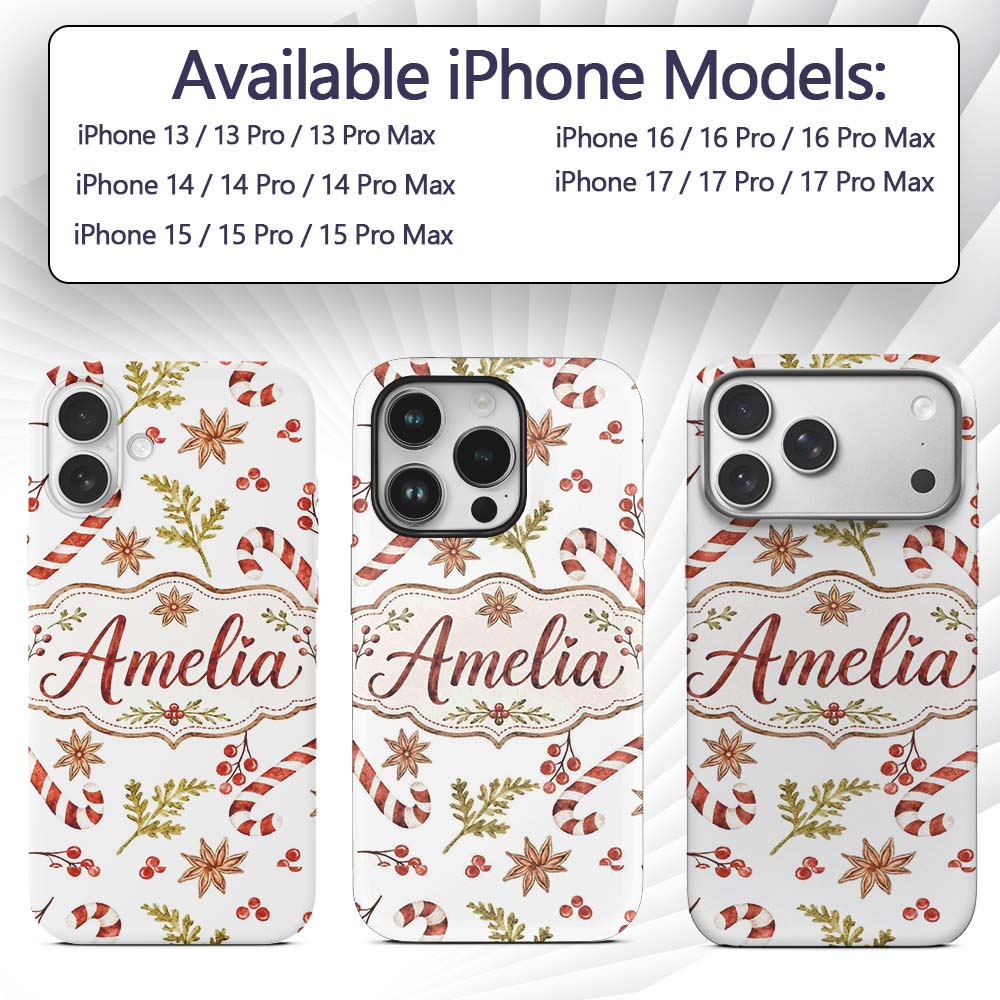 Watercolor Christmas Candy Canes Gift Box Festive Custom Name Protective Phone Case Mobile Cover Durable Everyday Smartphone Shock Resistant