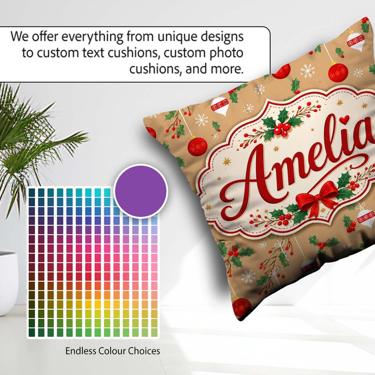 Custom Name Christmas Hanging Baubles Branches Festive Holiday Square Filled Cushion Throw Pillow Sofa Bed Home Decor Zip Washable UK Made