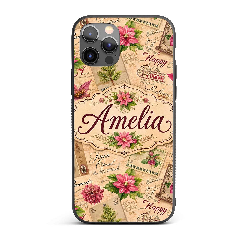 Vintage Christmas Letters Poinsettia Floral Printed Design Custom Name Protective Phone Case Mobile Cover Durable Smartphone Shock Resistant