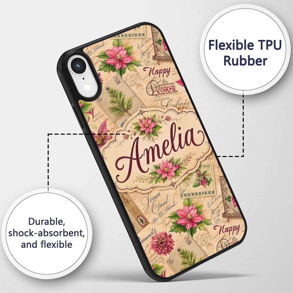 Vintage Christmas Letters Poinsettia Floral Printed Design Custom Name Protective Phone Case Mobile Cover Durable Smartphone Shock Resistant