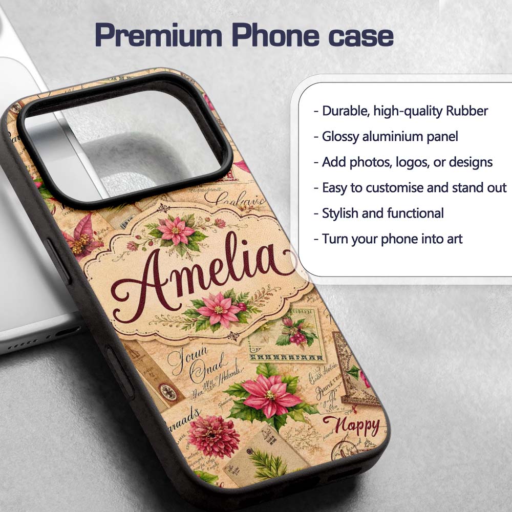 Vintage Christmas Letters Poinsettia Floral Printed Design Custom Name Protective Phone Case Mobile Cover Durable Smartphone Shock Resistant