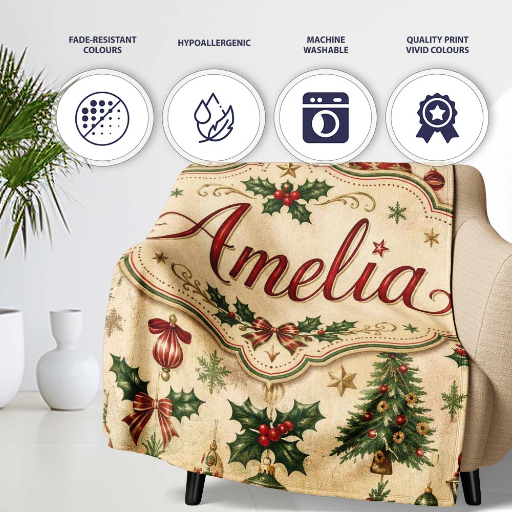 Vintage Christmas Baubles Holly Pine Branches Festive Holiday Design Personalised Custom Name Super Soft Fleece Blanket Bed Sofa Throw