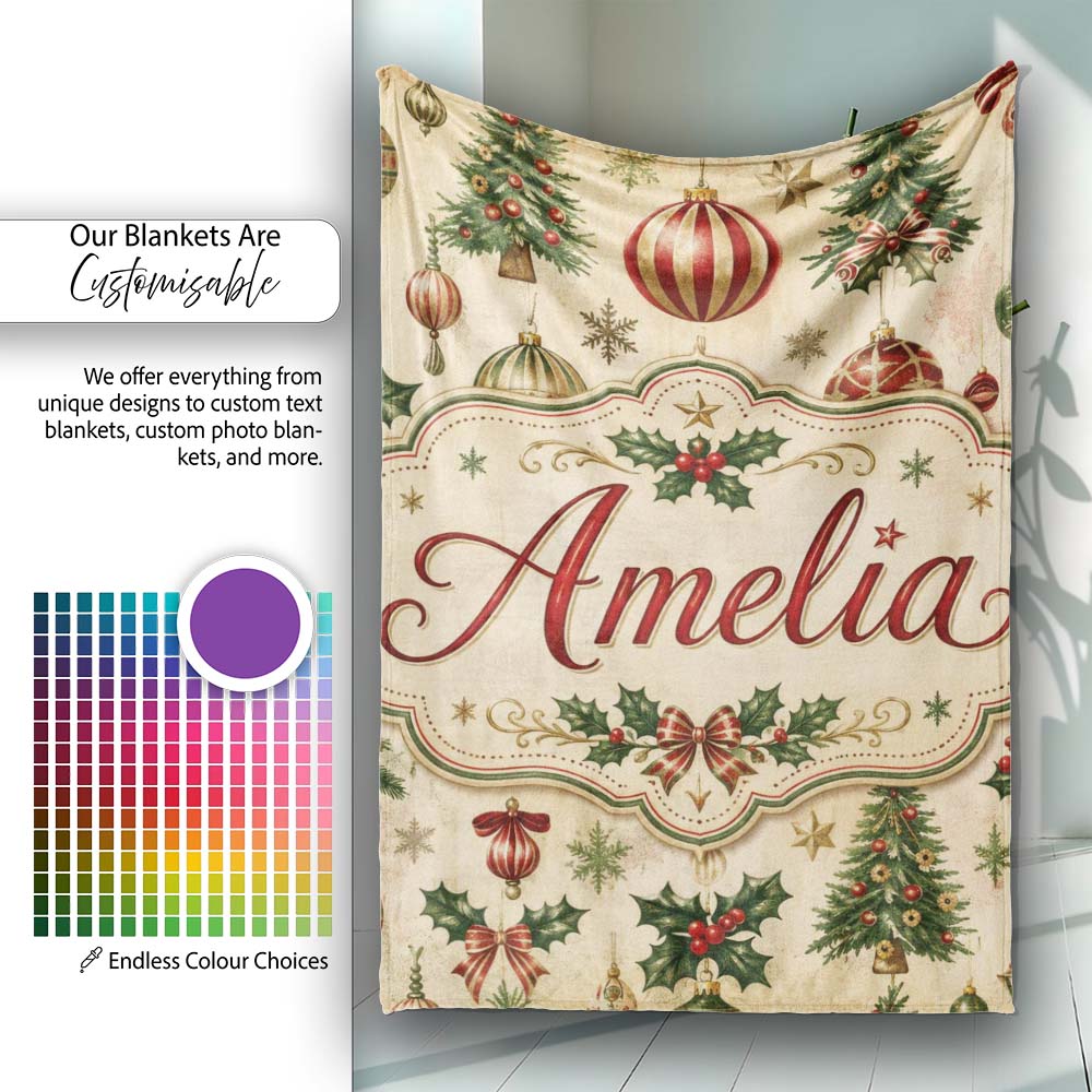 Vintage Christmas Baubles Holly Pine Branches Festive Holiday Design Personalised Custom Name Super Soft Fleece Blanket Bed Sofa Throw