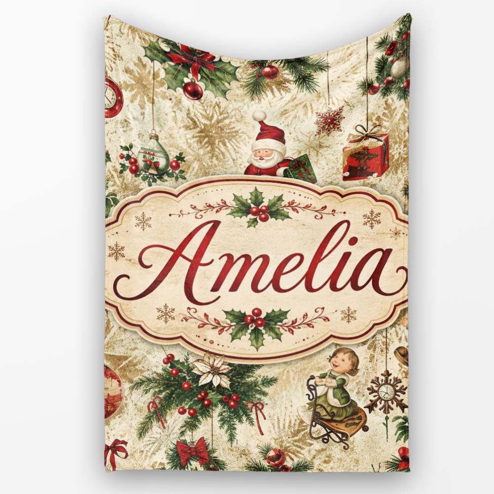 Vintage Santa Gifts Holly Snowflakes Festive Christmas Holiday Personalised Custom Name Super Soft Fleece Blanket Bed Sofa Throw
