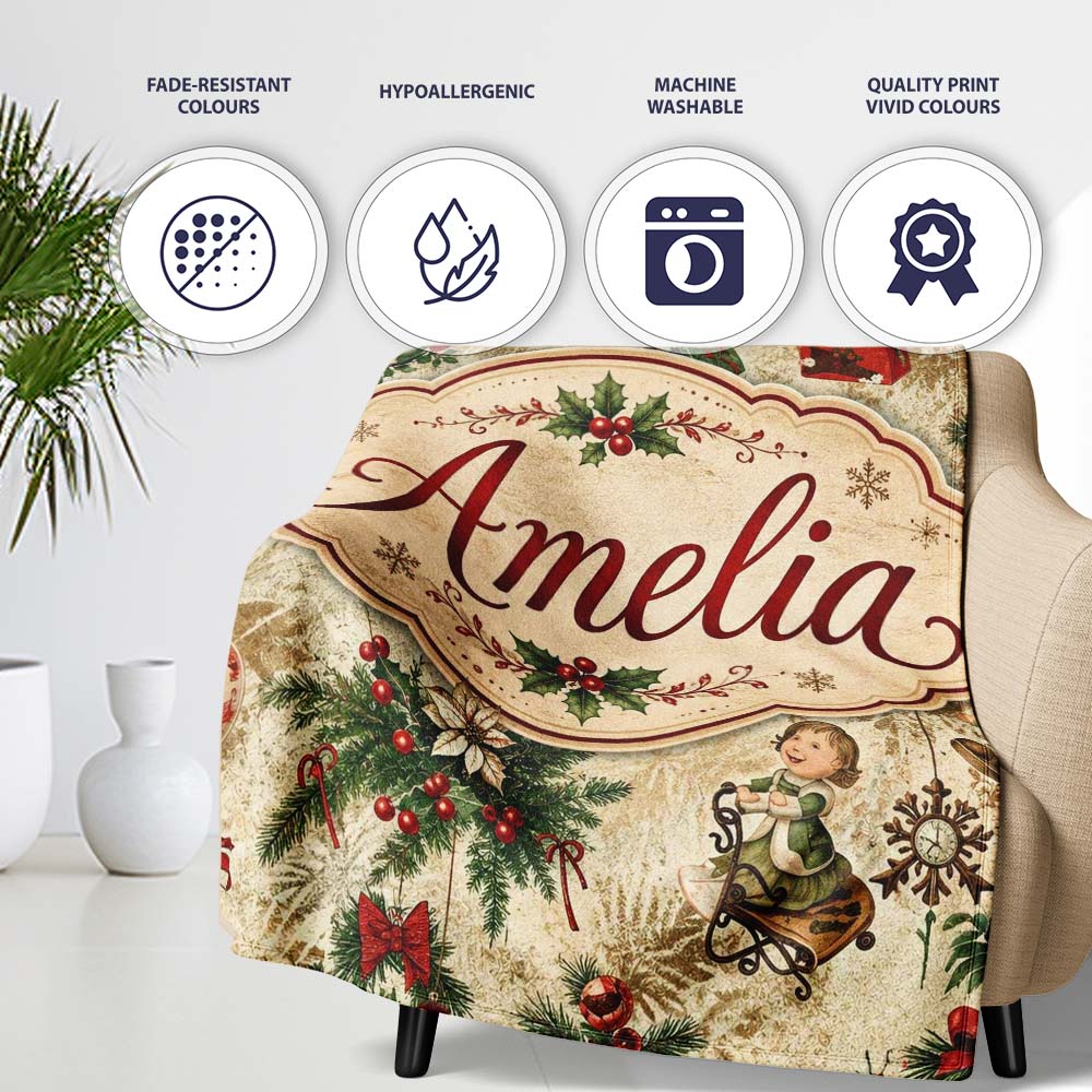 Vintage Santa Gifts Holly Snowflakes Festive Christmas Holiday Personalised Custom Name Super Soft Fleece Blanket Bed Sofa Throw
