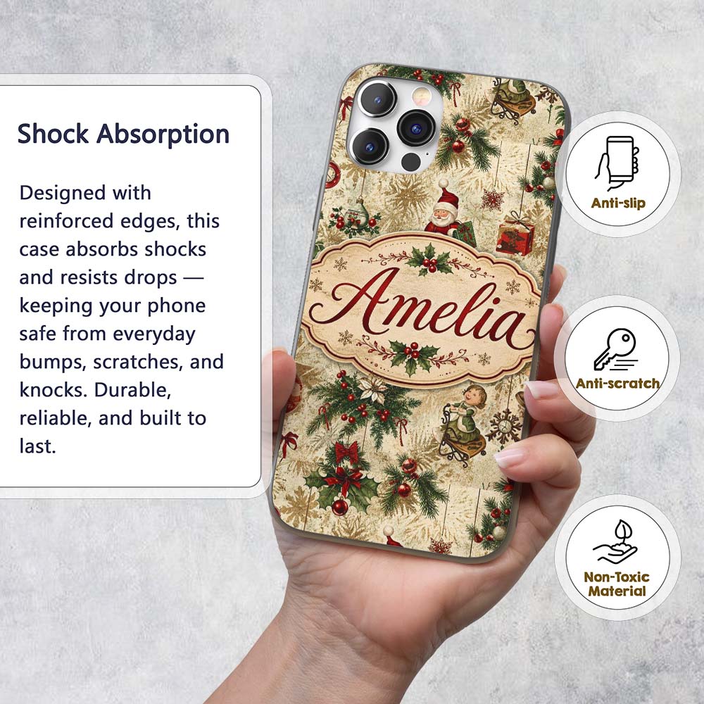 Vintage Santa Gifts Holly Snowflakes Festive Custom Name Protective Phone Case Mobile Cover Durable Everyday Smartphone Shock Resistant