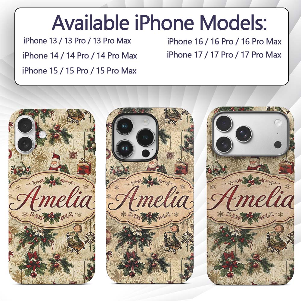 Vintage Santa Gifts Holly Snowflakes Festive Custom Name Protective Phone Case Mobile Cover Durable Everyday Smartphone Shock Resistant