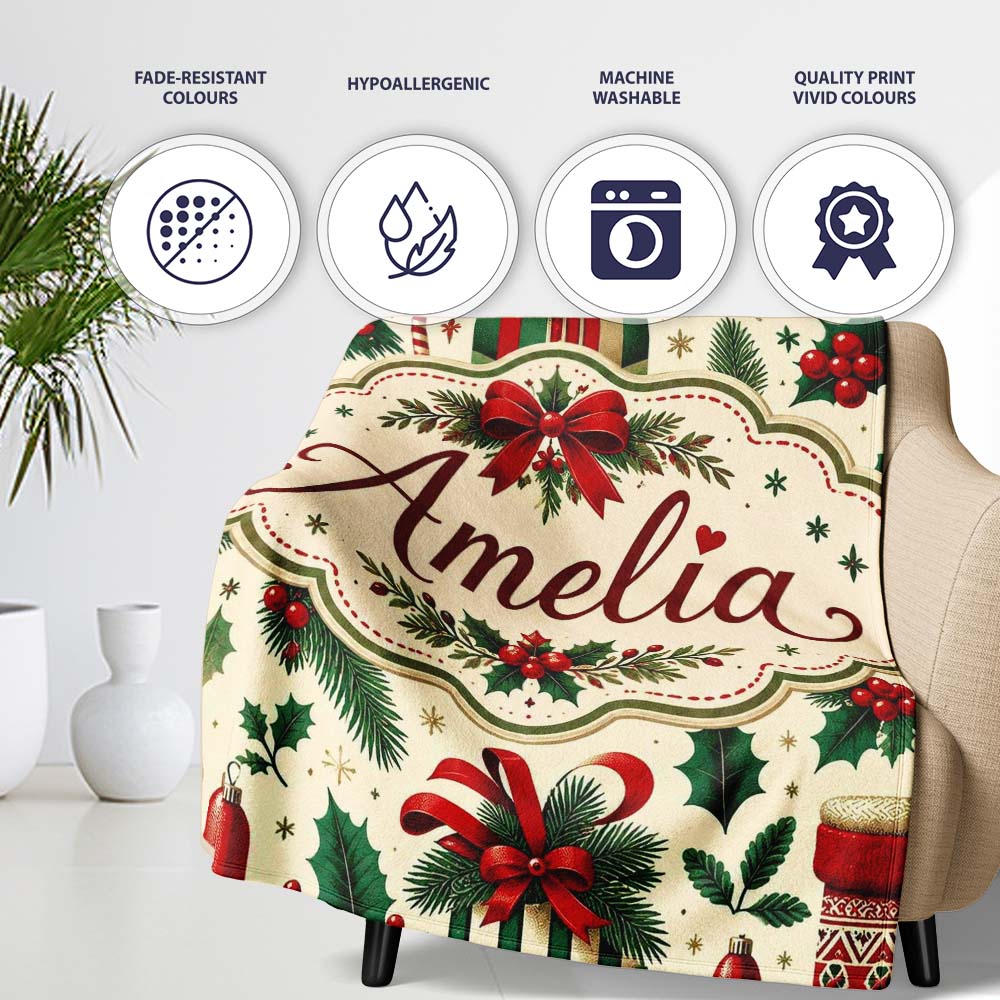 Christmas Gift Boxes Candy Cane Holly Stockings Festive Holiday Personalised Custom Name Super Soft Fleece Blanket Bed Sofa Throw