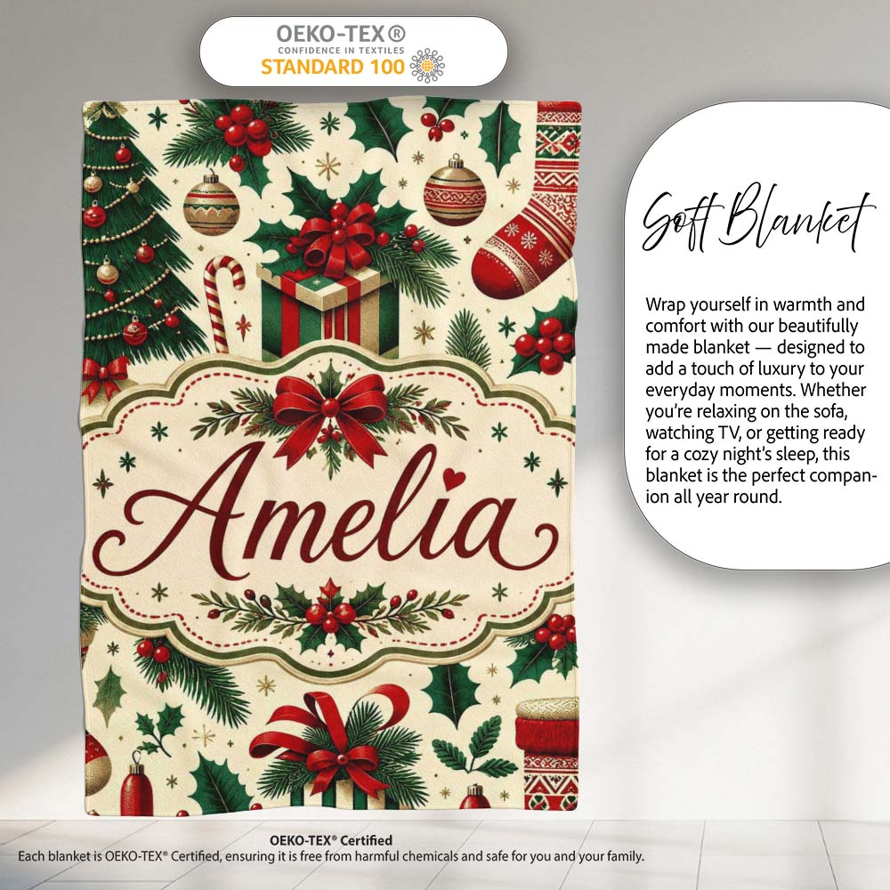 Christmas Gift Boxes Candy Cane Holly Stockings Festive Holiday Personalised Custom Name Super Soft Fleece Blanket Bed Sofa Throw
