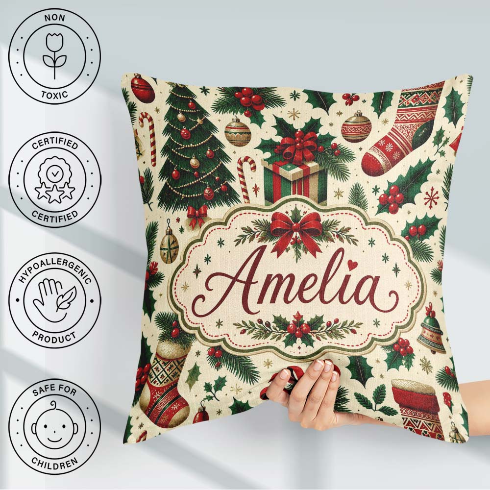 Custom Name Christmas Boxes Candy Cane Stockings Festive Holiday Square Filled Cushion Throw Pillow Sofa Bed Home Decor Zip Washable UK Made
