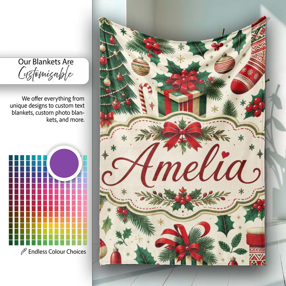 Christmas Gift Boxes Candy Cane Holly Stockings Festive Holiday Personalised Custom Name Super Soft Fleece Blanket Bed Sofa Throw