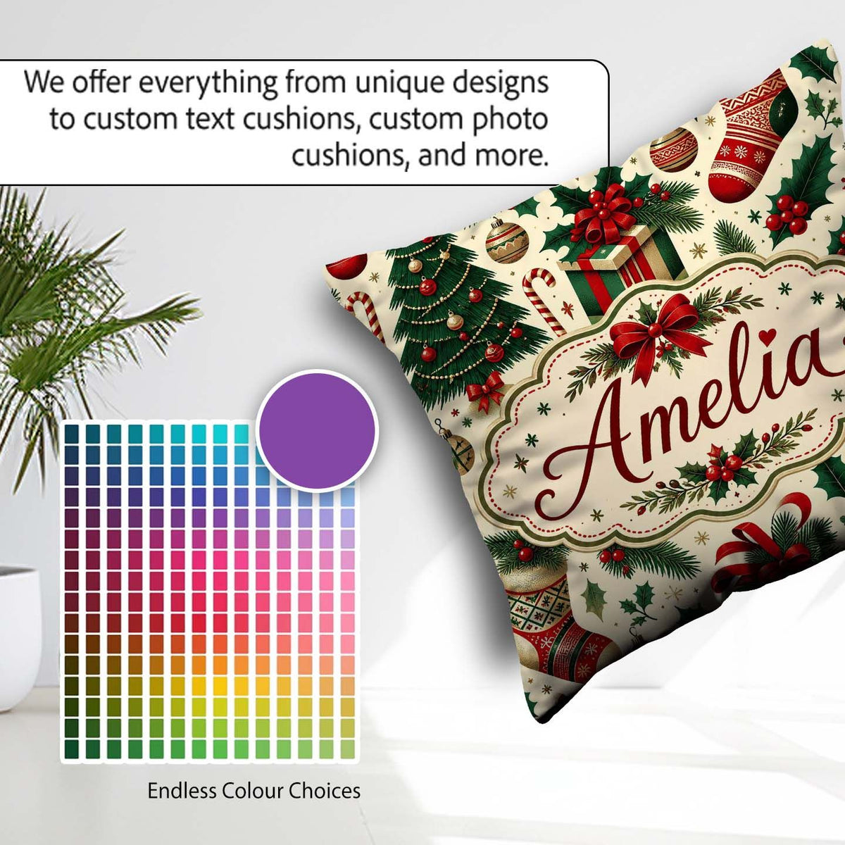Custom Name Christmas Boxes Candy Cane Stockings Festive Holiday Square Filled Cushion Throw Pillow Sofa Bed Home Decor Zip Washable UK Made