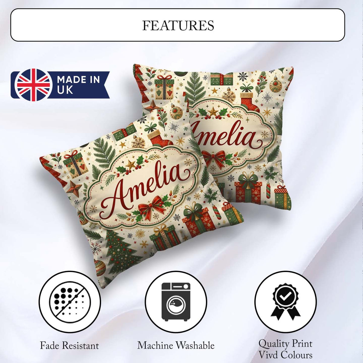 Custom Name Festive Trees Baubles Gifts Seamless Pattern Holiday Square Filled Cushion Throw Pillow Sofa Bed Home Decor Zip Washable UK Made